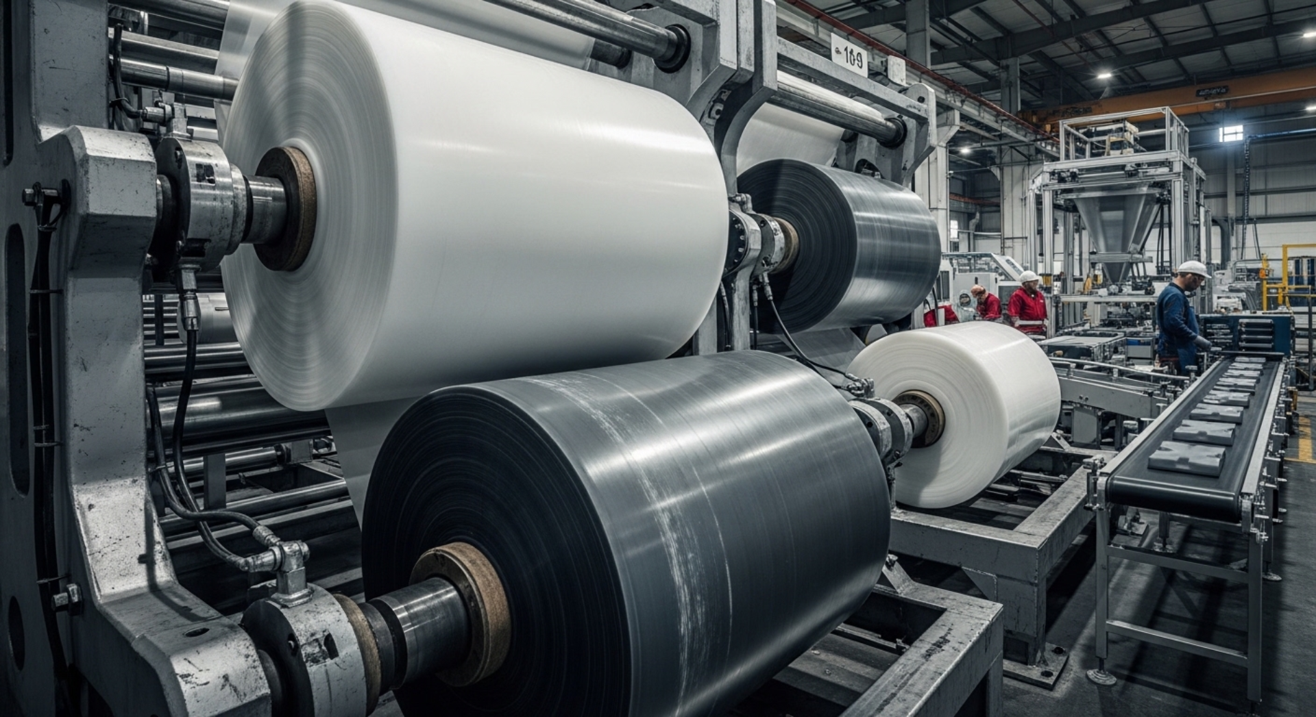 Linha de produção de embalagens plásticas com máquinas industriais e bobinas de plástico