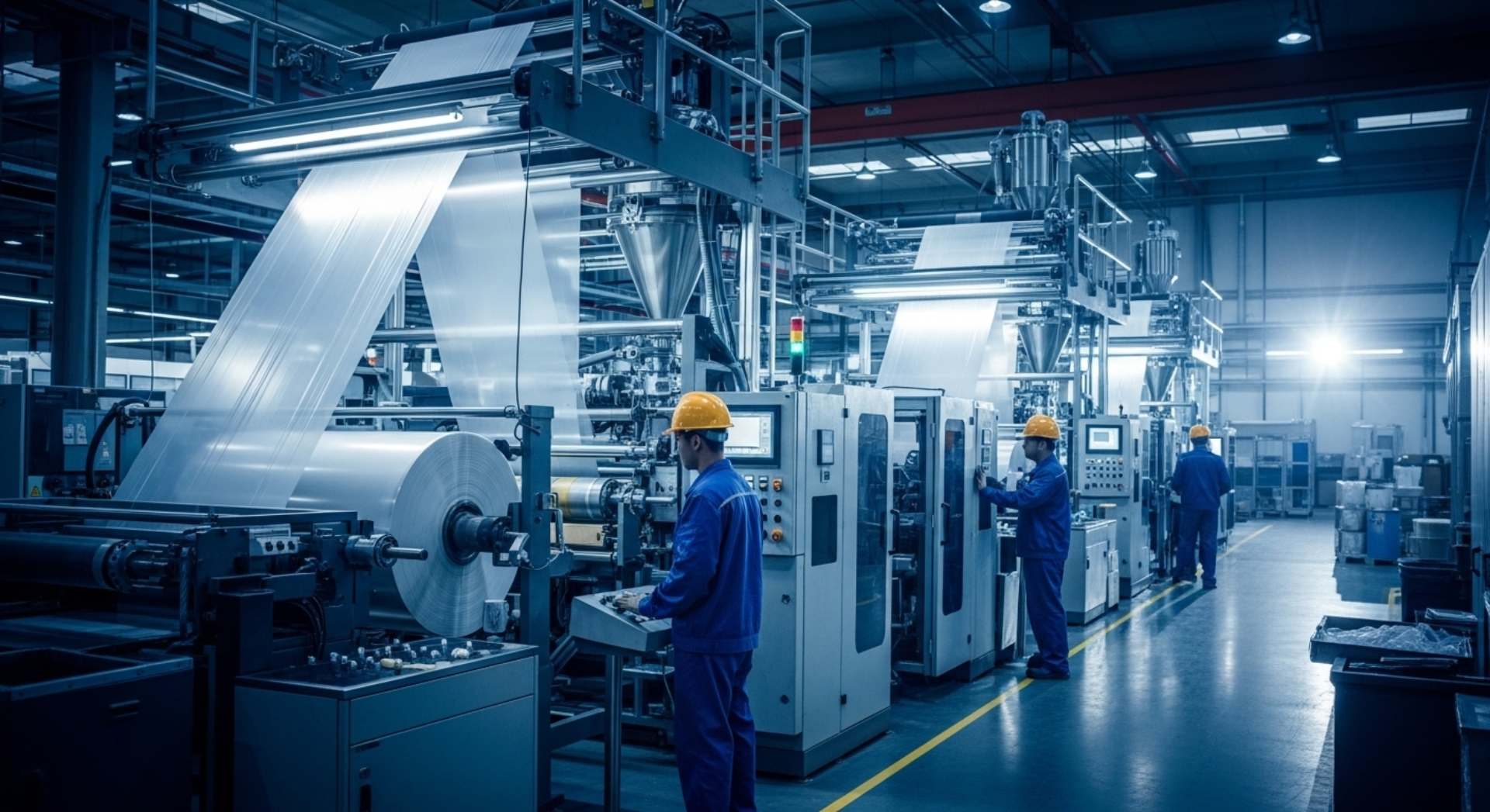 Funcionário operando máquina de extrusão ou corte de plástico